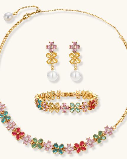 Vergoldete Blüten-Halskette, Armband und Ohrhänger mit rosa, roten, grünen und blauen Zirkonia