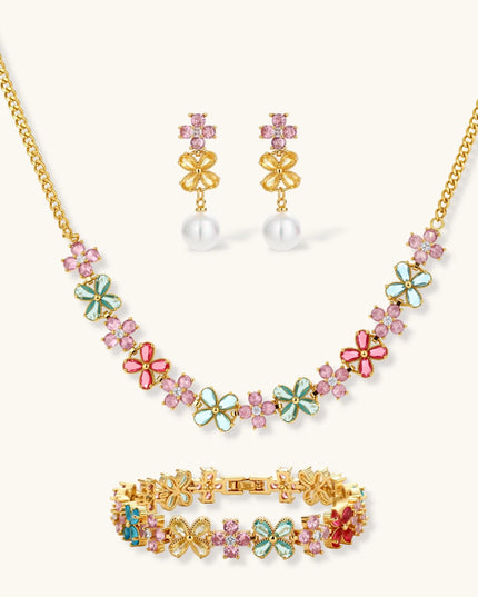 Blumen-Schmuckset in Gold mit bunten Zirkonia-Blüten: Halskette, Armband und Perlen-Ohrhänger