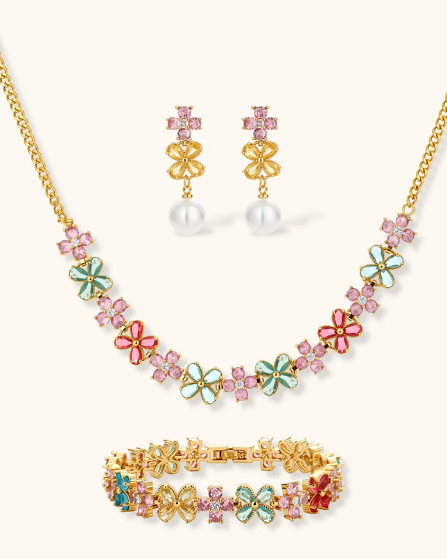 Blumen-Schmuckset in Gold mit bunten Zirkonia-Blüten: Halskette, Armband und Perlen-Ohrhänger