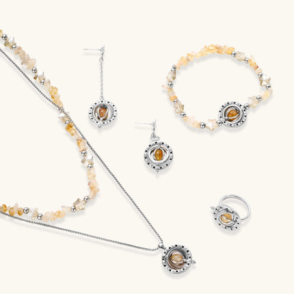 Citrin Schmuckset in Silberoptik: Layering-Halskette, Armband, Ohrringe und Ring mit runden Citrin-Medaillons