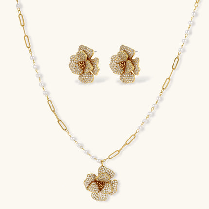 Florales Schmuckset, 14K vergoldet, mit Zirkonia: Blumen-Halskette und passende Ohrringe in Gold