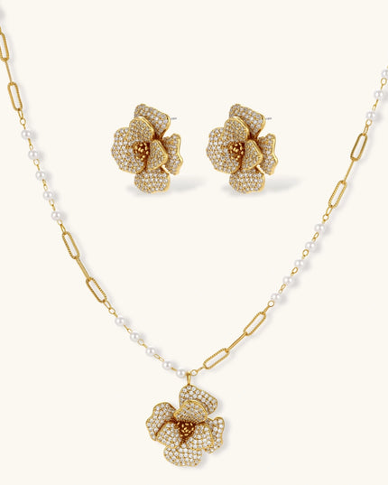 Florales Schmuckset, 14K vergoldet, mit Zirkonia: Blumen-Halskette und passende Ohrringe in Gold