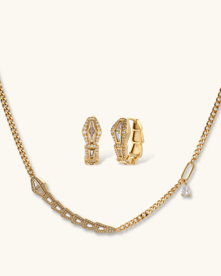 Goldene Panzerkette mit Zirkonia-Mittelteil und passende Creolen mit Baguette-Zirkonia
