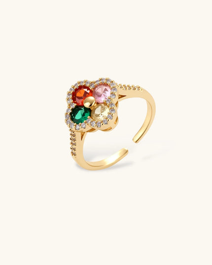Goldplattierter Kleeblatt-Ring mit roten, pinken, grünen und champagnerfarbenen Zirkonia und Kristallrand