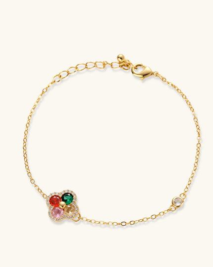 Goldplattiertes Kleeblatt-Armband mit roten, pinken, grünen und champagnerfarbenen Zirkonia-Steinen