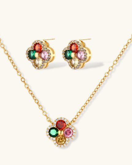 Goldplattierte Kleeblatt-Halskette und Ohrringe mit roten, pinken, grünen und champagnerfarbenen Zirkonia