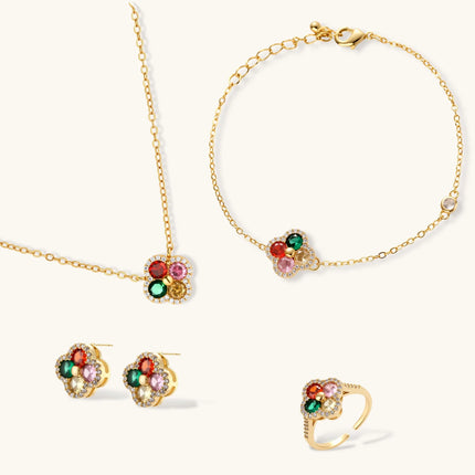 Goldplattiertes Kleeblatt-Schmuckset: Halskette, Armband, Ohrringe und Ring mit mehrfarbigen Zirkonia