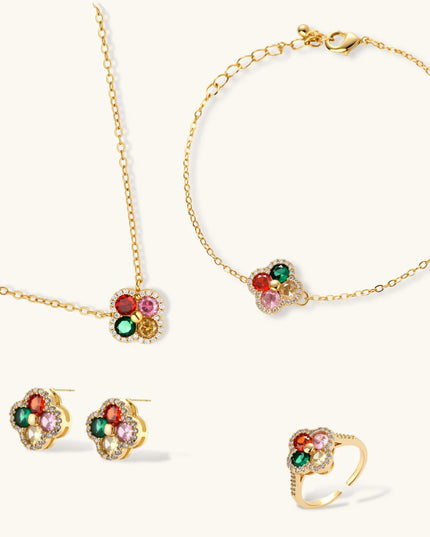Goldplattiertes Kleeblatt-Schmuckset: Halskette, Armband, Ohrringe und Ring mit mehrfarbigen Zirkonia