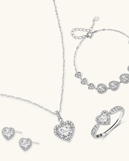 Herz-Schmuckset aus 925 Silber mit Moissanit: Halskette, Armband, Ohrstecker und Ring