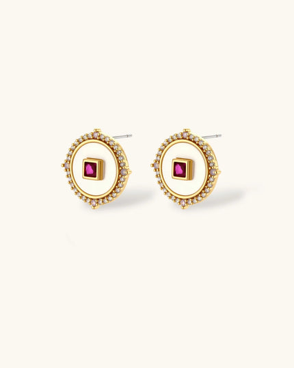 Runde Medaillon-Ohrstecker in Gold mit weißer Emaille und rosafarbenem Zirkonia