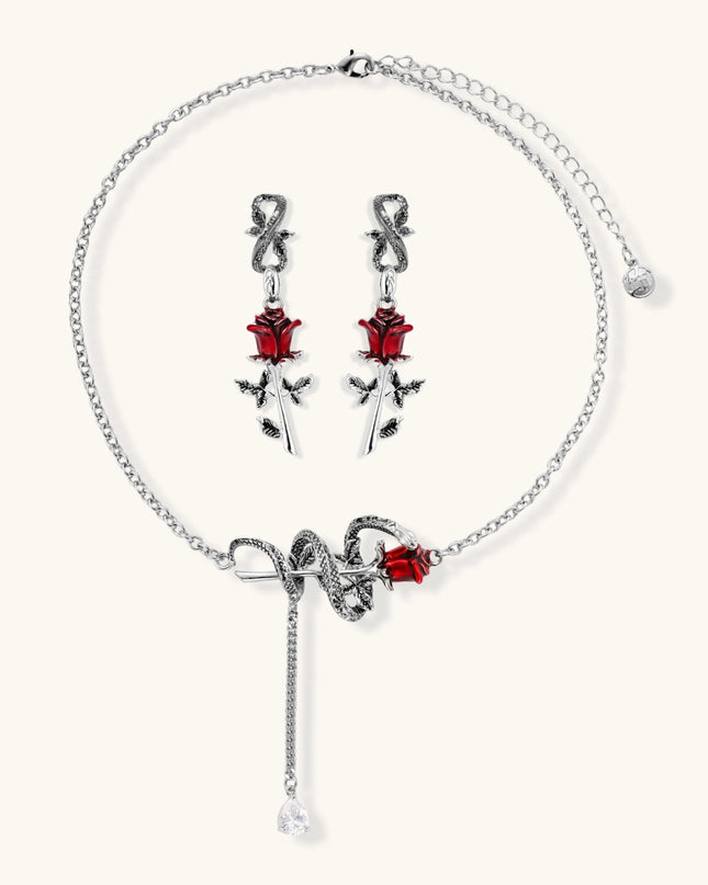 Komplette Schlangen-Halskette mit roter Emaille-Rose und Hänge-Ohrringe mit Rosen