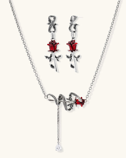 Schmuckset in Silberoptik: Y-Halskette mit Schlange und roter Rose sowie passende Rosen-Ohrringe