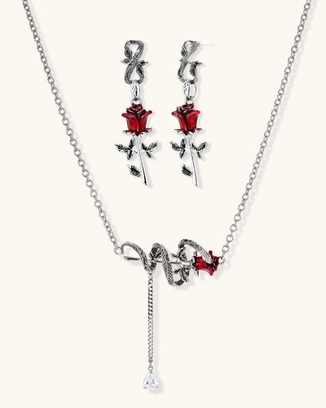 Schmuckset in Silberoptik: Y-Halskette mit Schlange und roter Rose sowie passende Rosen-Ohrringe