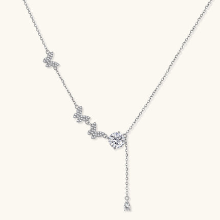 Silberne Y-Halskette mit Schmetterlings-Anhängern, funkelndem Moissanit und Tropfenanhänger aus 925 Sterling Silber