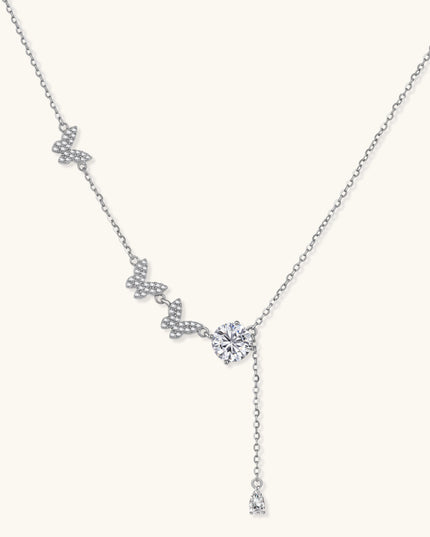 Silberne Y-Halskette mit Schmetterlings-Anhängern, funkelndem Moissanit und Tropfenanhänger aus 925 Sterling Silber