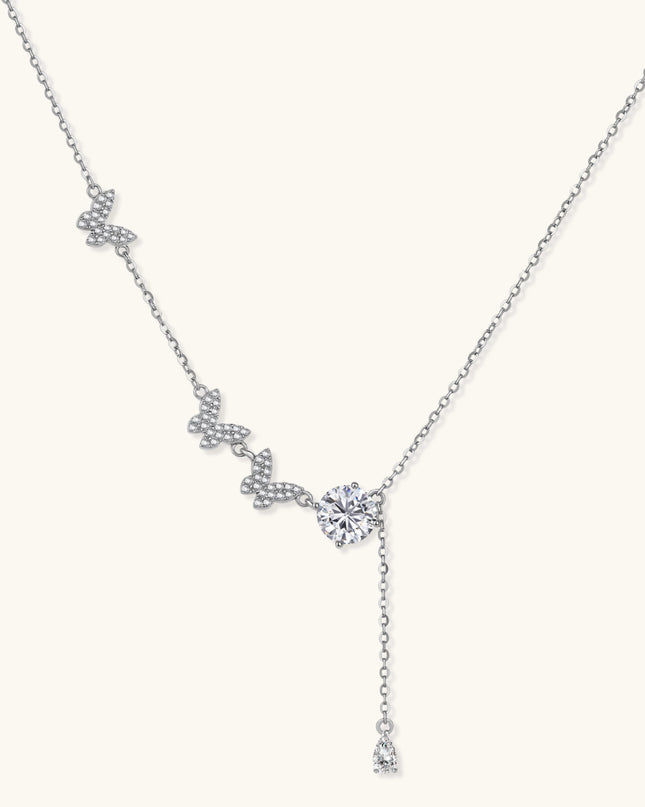 Silberne Y-Halskette mit Schmetterlings-Anhängern, funkelndem Moissanit und Tropfenanhänger aus 925 Sterling Silber