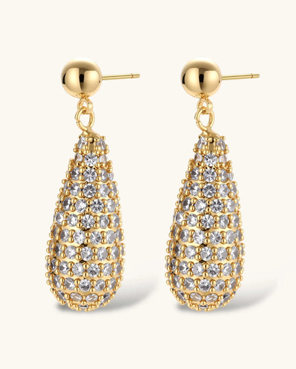 Goldene Tropfen-Ohrhänger mit Kugelstecker und durchbrochenem Zirkonia-Pavé