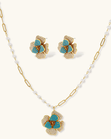 14K vergoldetes Blumen-Schmuckset mit türkisfarbenen Zirkonia und Perlenkette: Halskette und Ohrstecker